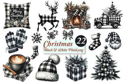 Christmas Black & White Plaid PNG Bundle | Watercolor Buffalo Check Christmas Clipart, Rustic Holiday Decor & Farmhouse Christmas PNG
