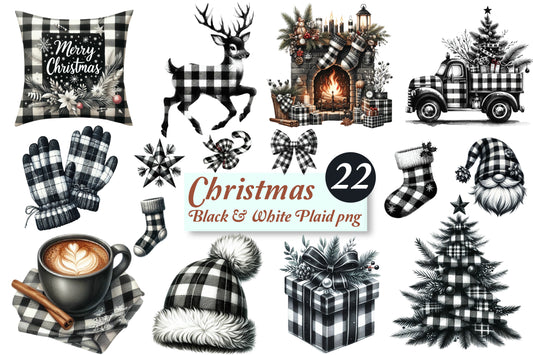 Christmas Black & White Plaid PNG Bundle | Watercolor Buffalo Check Christmas Clipart, Rustic Holiday Decor & Farmhouse Christmas PNG