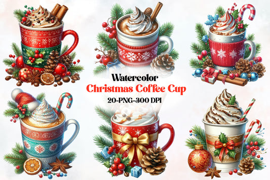 20 Christmas Coffee Cup PNG Clipart Bundle Watercolor Holiday Mug