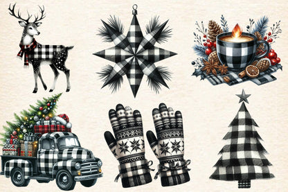 Christmas Black & White Plaid PNG Bundle | Watercolor Buffalo Check Christmas Clipart, Rustic Holiday Decor & Farmhouse Christmas PNG