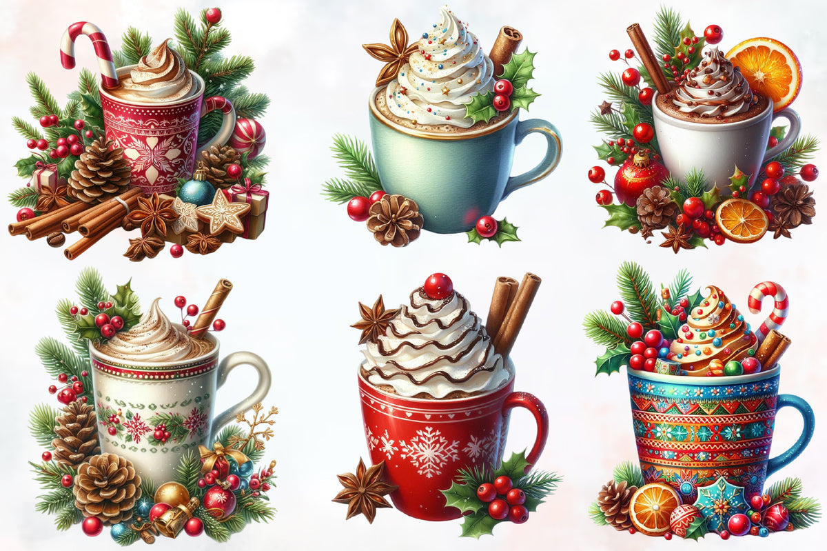 20 Christmas Coffee Cup PNG Clipart Bundle Watercolor Holiday Mug