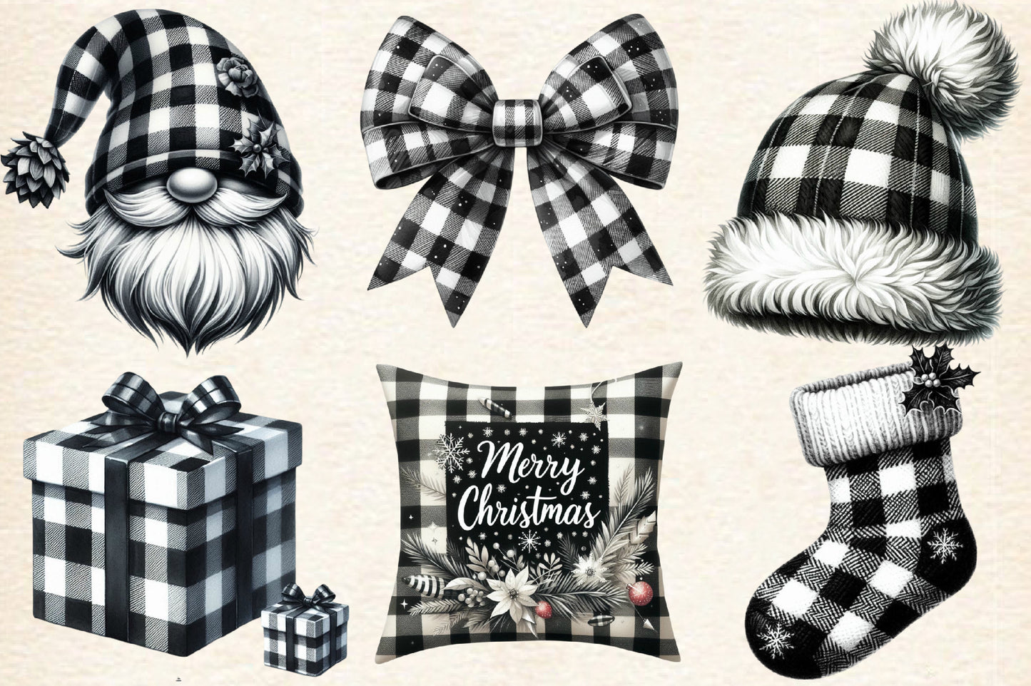 Christmas Black & White Plaid PNG Bundle | Watercolor Buffalo Check Christmas Clipart, Rustic Holiday Decor & Farmhouse Christmas PNG
