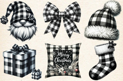 Christmas Black & White Plaid PNG Bundle | Watercolor Buffalo Check Christmas Clipart, Rustic Holiday Decor & Farmhouse Christmas PNG