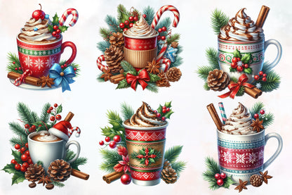 20 Christmas Coffee Cup PNG Clipart Bundle Watercolor Holiday Mug
