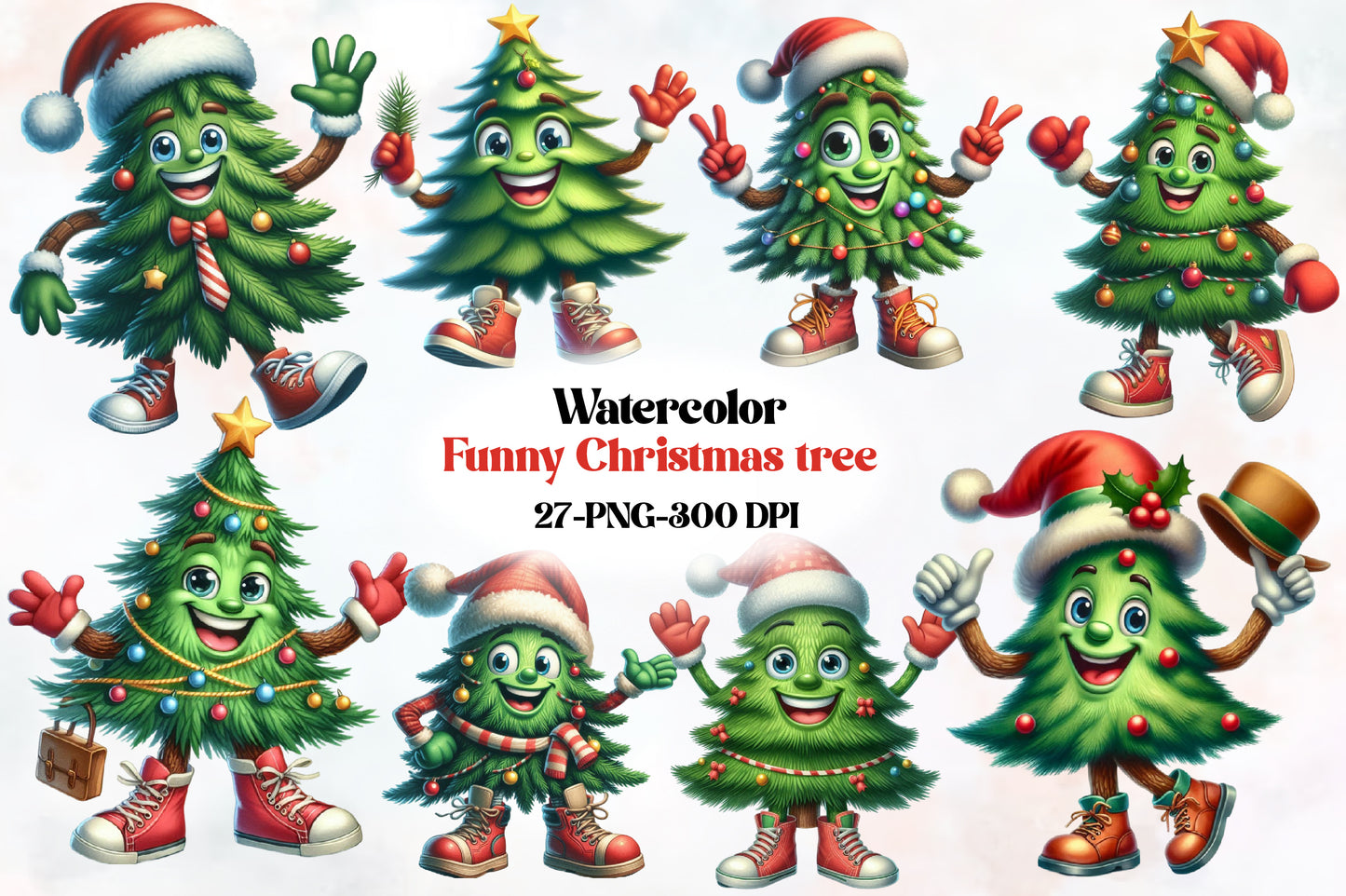 Watercolor Funny Christmas Tree PNG Bundle | Cute Christmas Tree Character Clipart