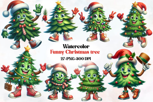 Watercolor Funny Christmas Tree PNG Bundle | Cute Christmas Tree Character Clipart