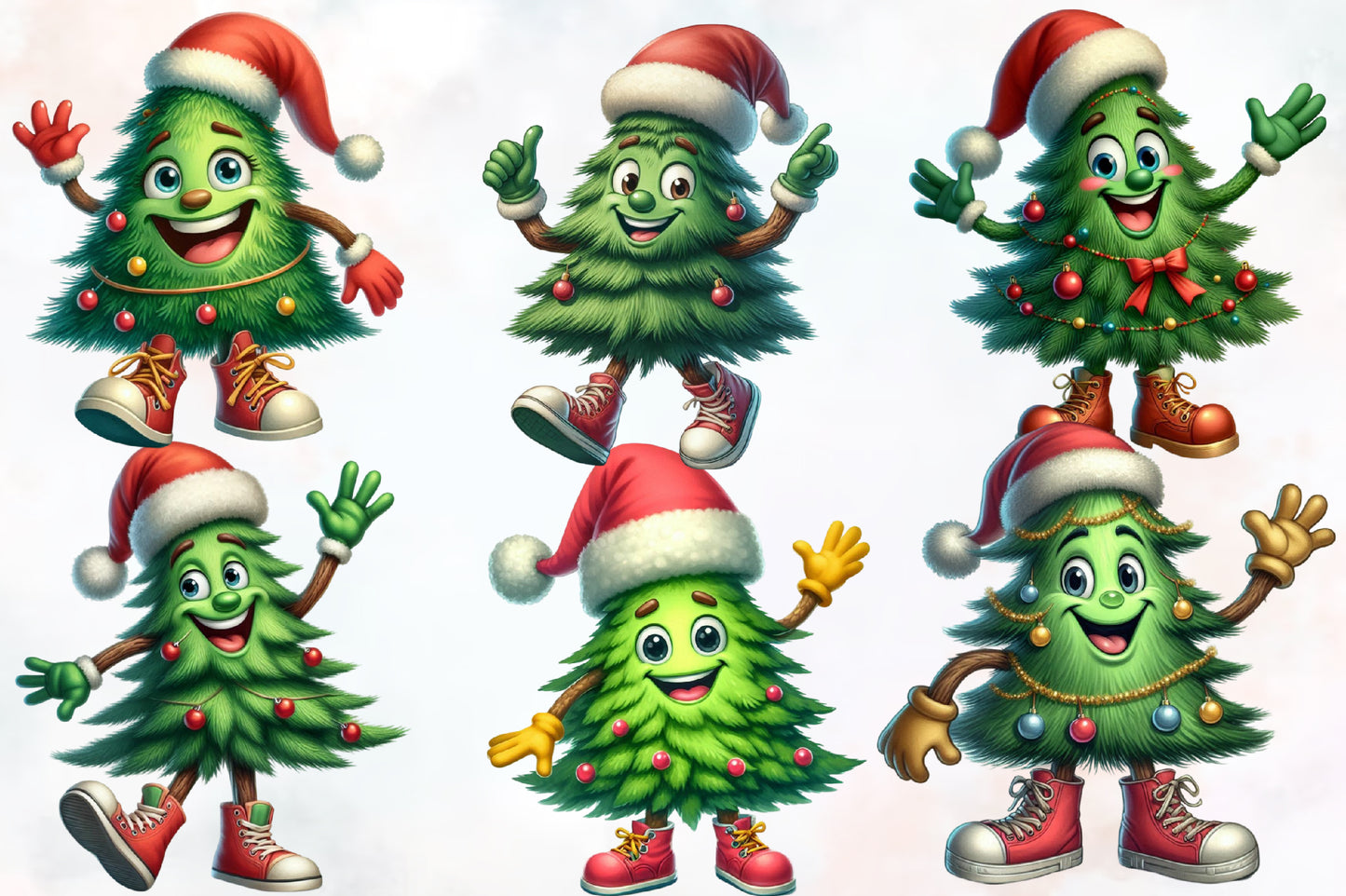 Watercolor Funny Christmas Tree PNG Bundle | Cute Christmas Tree Character Clipart