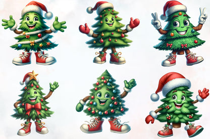 Watercolor Funny Christmas Tree PNG Bundle | Cute Christmas Tree Character Clipart