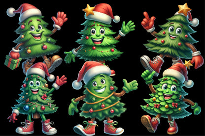 Watercolor Funny Christmas Tree PNG Bundle | Cute Christmas Tree Character Clipart