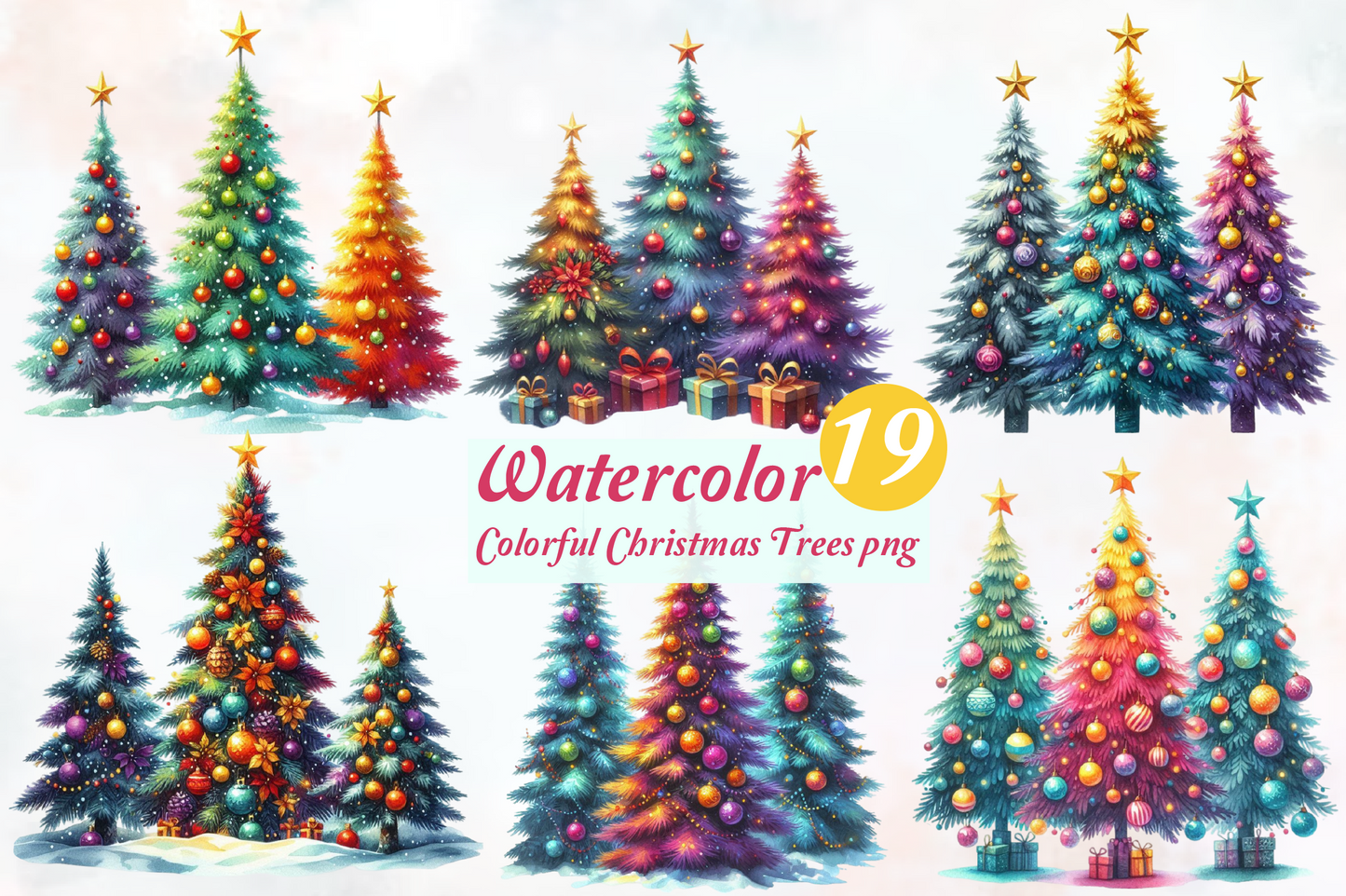 Colorful Christmas Trees PNG Bundle | Watercolor Christmas Tree Clipart, Rainbow Holiday Trees & Festive Christmas Sublimation