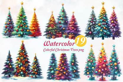 Colorful Christmas Trees PNG Bundle | Watercolor Christmas Tree Clipart, Rainbow Holiday Trees & Festive Christmas Sublimation
