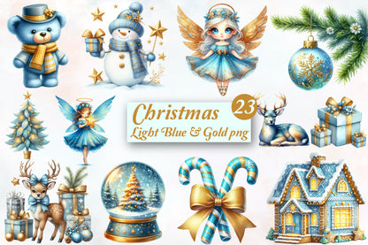 Christmas Light Blue Gold PNG Bundle Elegant Winter Holiday Clipart