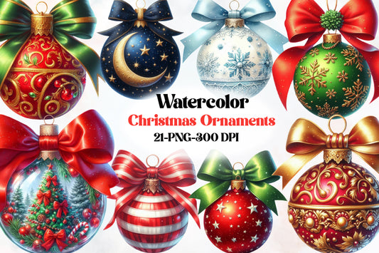 Watercolor Christmas Ornaments Clipart PNG Bundle | Elegant Holiday Ornament & Christmas Decor Designs