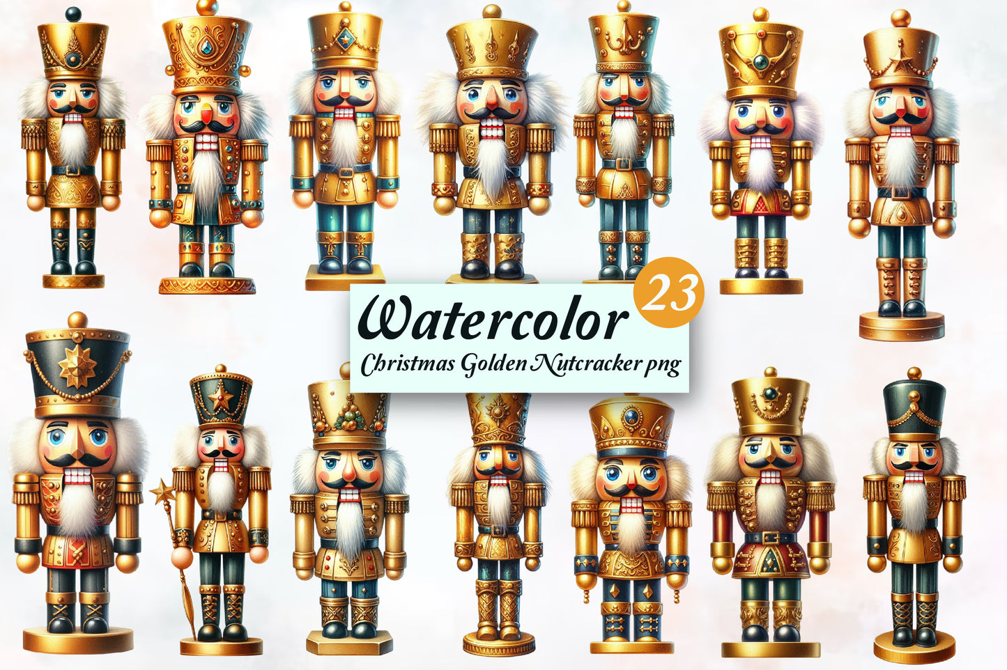 23 Christmas Golden Nutcracker PNG Watercolor Clipart Bundle Holiday
