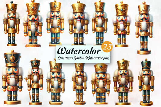 23 Christmas Golden Nutcracker PNG Watercolor Clipart Bundle Holiday
