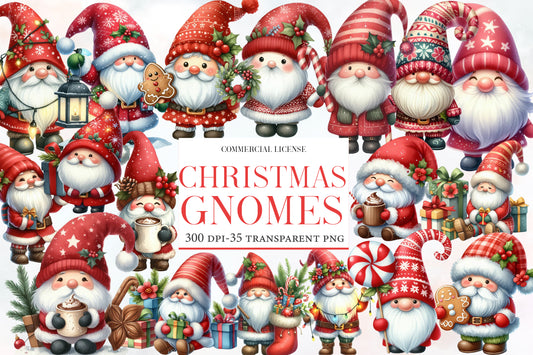 Christmas Gnomes Watercolor Clipart PNG Bundle | Cute Gnome Clipart | Christmas Sublimation