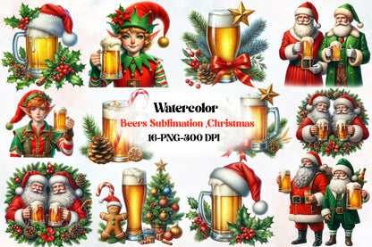 16 Christmas Beer Sublimation PNG Santa Elf Holiday Beer Clipart Bundle