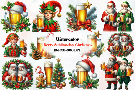 16 Christmas Beer Sublimation PNG Santa Elf Holiday Beer Clipart Bundle