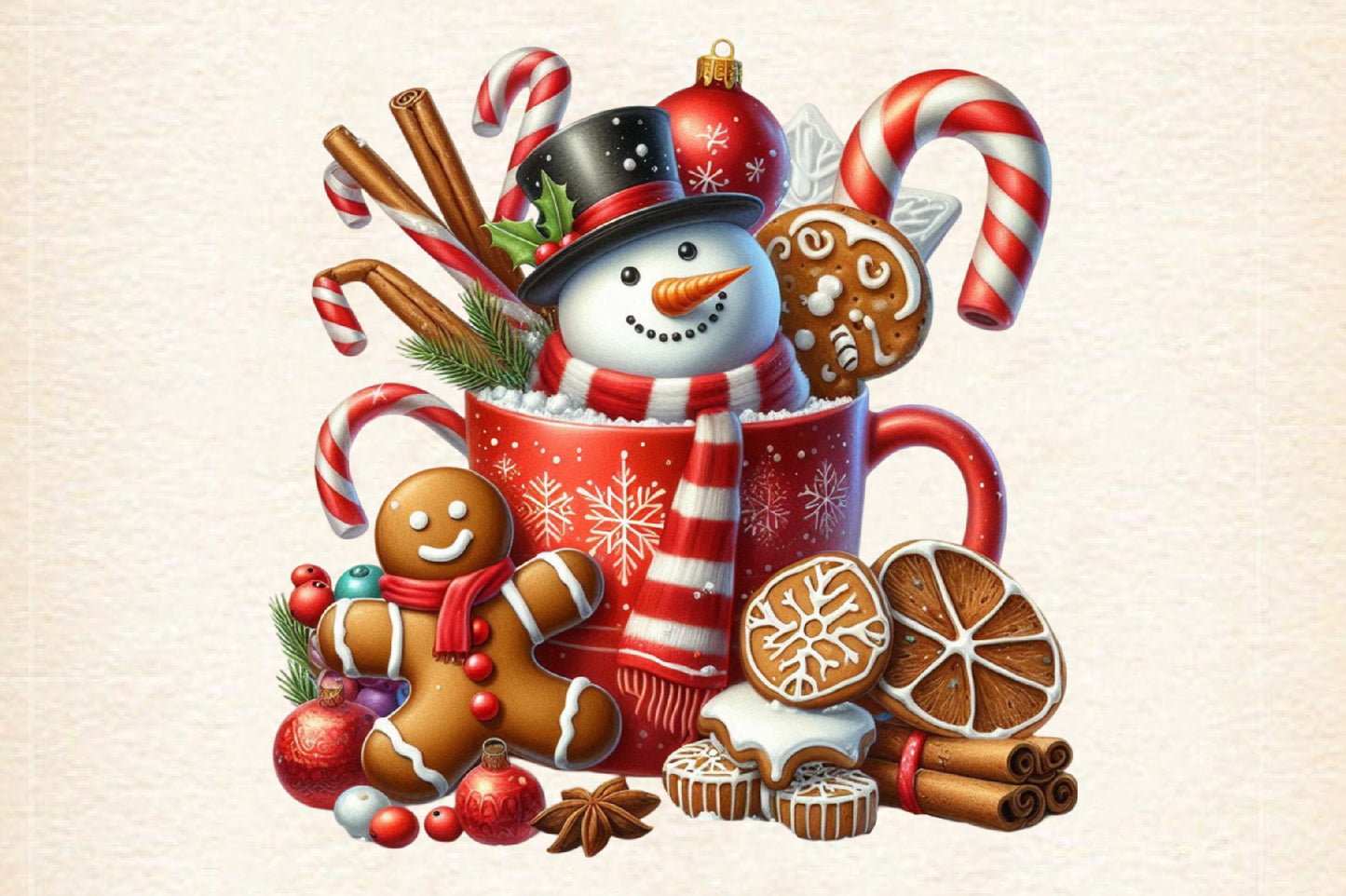 Watercolor Christmas Snowman Mug PNG Gingerbread Candy Cane Holiday Clipart