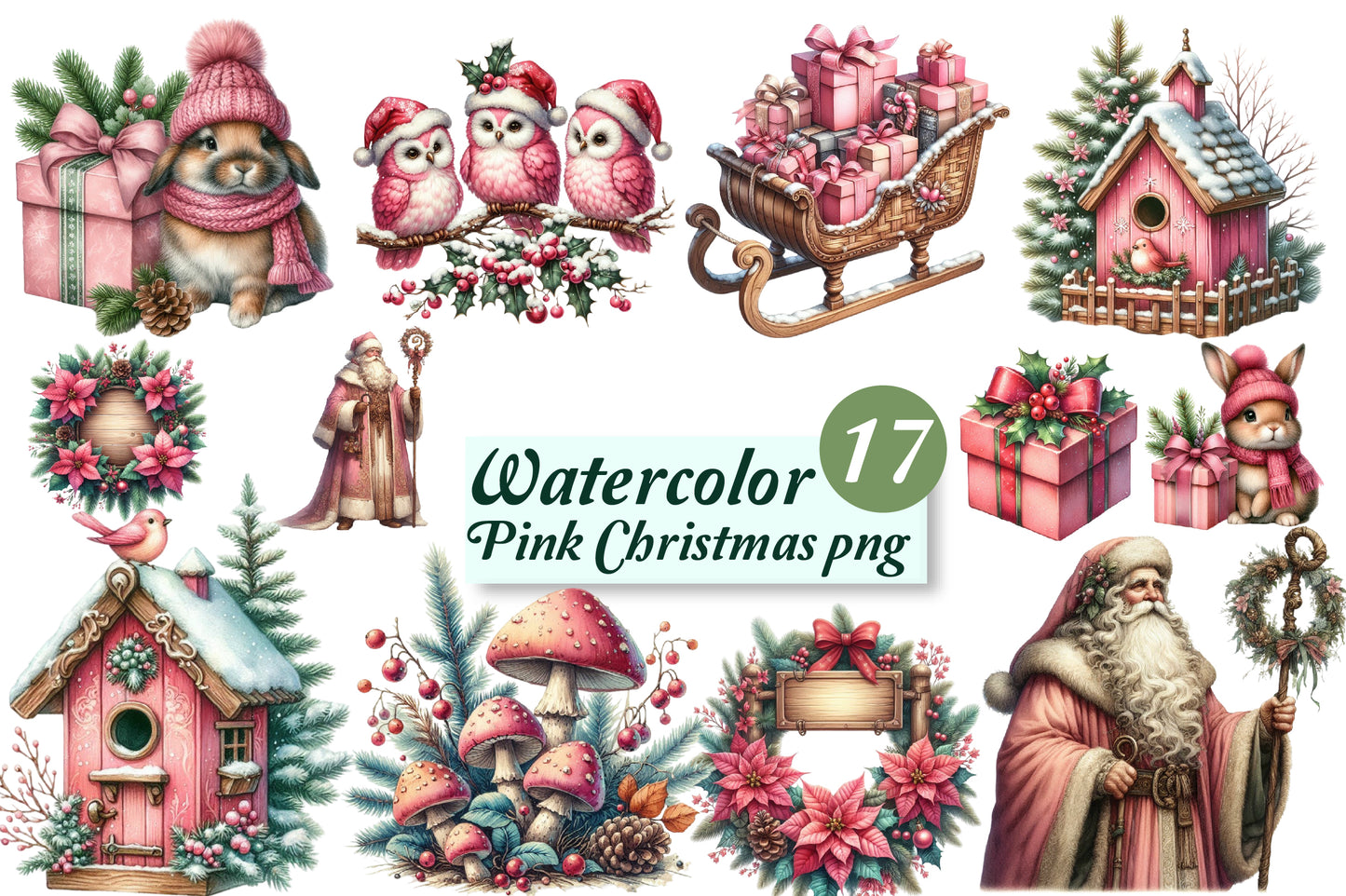 17 Watercolor Pink Christmas PNG Clipart Bundle Cute Holiday Winter