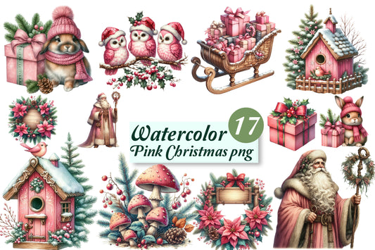 17 Watercolor Pink Christmas PNG Clipart Bundle Cute Holiday Winter
