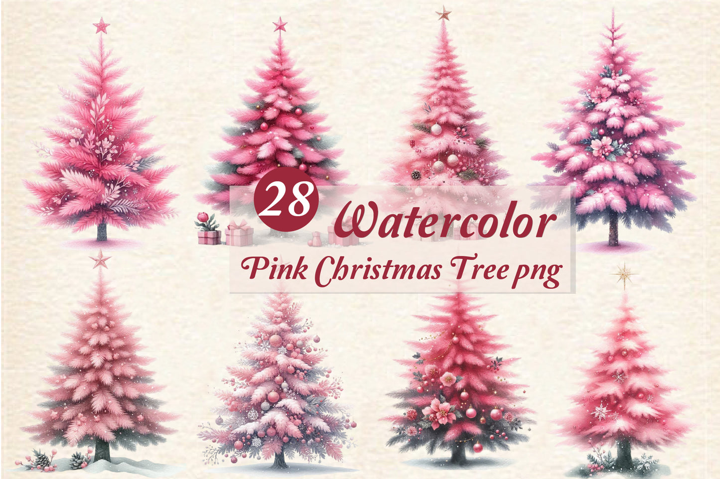 28 Watercolor Pink Christmas Tree PNG Bundle Pink Holiday Tree Clipart