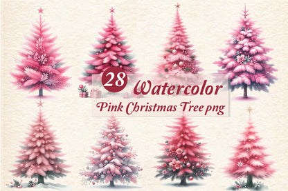 28 Watercolor Pink Christmas Tree PNG Bundle Pink Holiday Tree Clipart