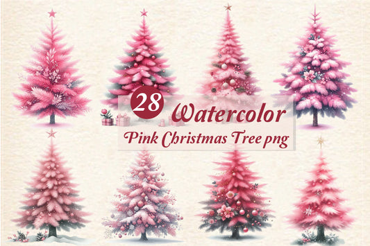 28 Watercolor Pink Christmas Tree PNG Bundle Pink Holiday Tree Clipart