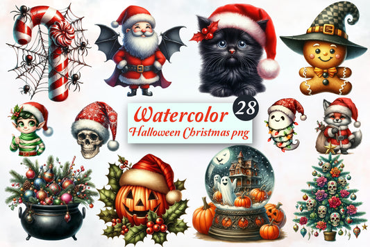 Halloween Christmas PNG Bundle Spooky Christmas Watercolor Clipart