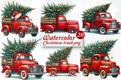 Watercolor Christmas Truck PNG Bundle 20 Festive Truck Clipart