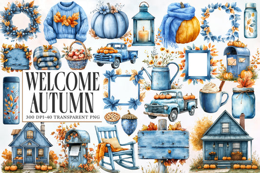 Watercolor Welcome Autumn Clipart PNG Bundle | Fall Pumpkin, Sunflower, Leaves, Cozy Cottage & Harvest Clipart