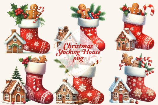 Christmas Stocking House PNG Bundle | Watercolor Christmas Stocking, Gingerbread Stocking & Holiday Stocking Clipart
