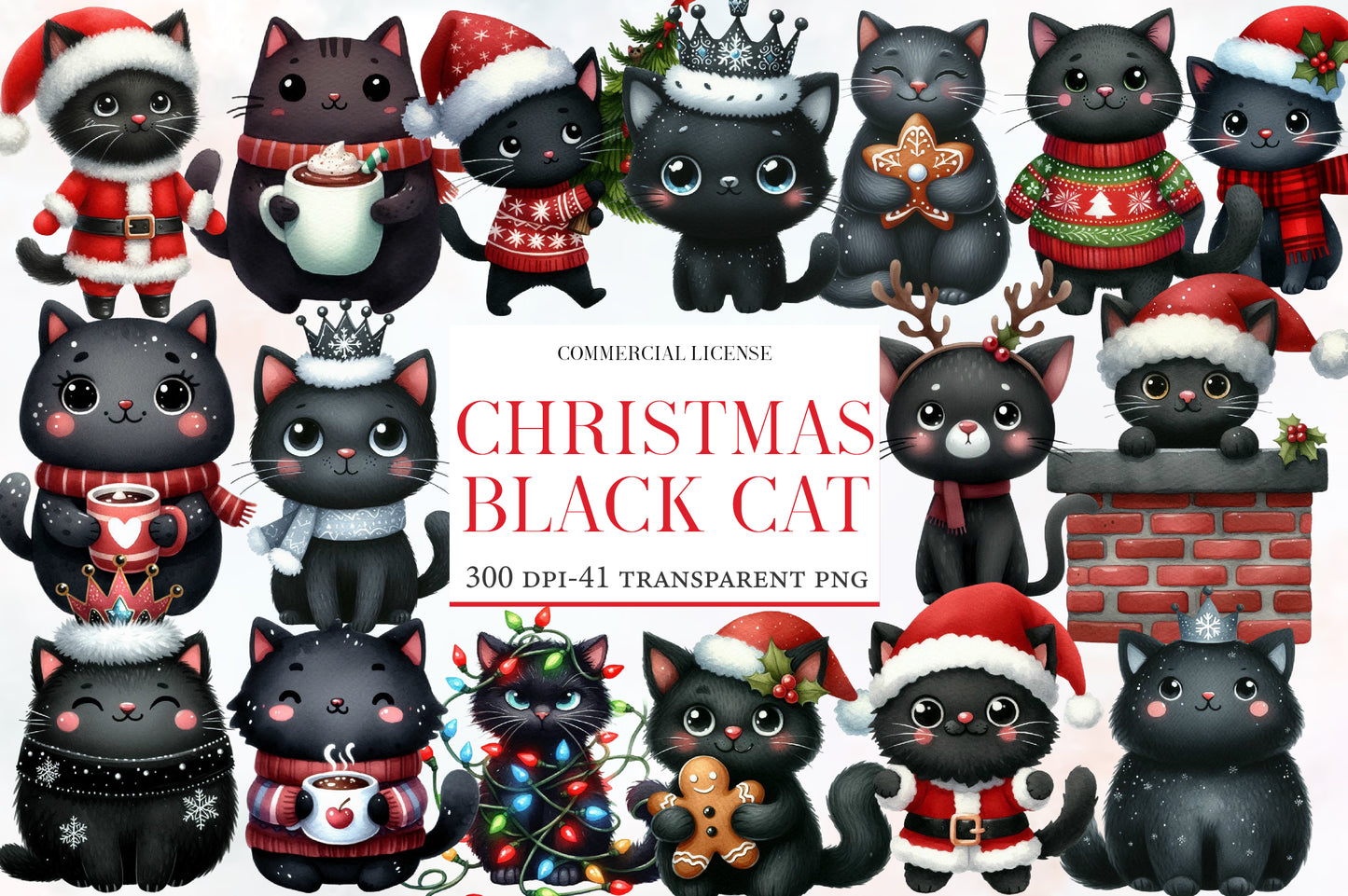Christmas Black Cat Clipart PNG Bundle | Cute Black Cat Christmas PNG | Black Cat Christmas Sublimation