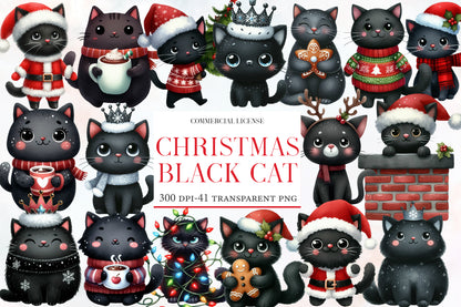 Christmas Black Cat Clipart PNG Bundle | Cute Black Cat Christmas PNG | Black Cat Christmas Sublimation
