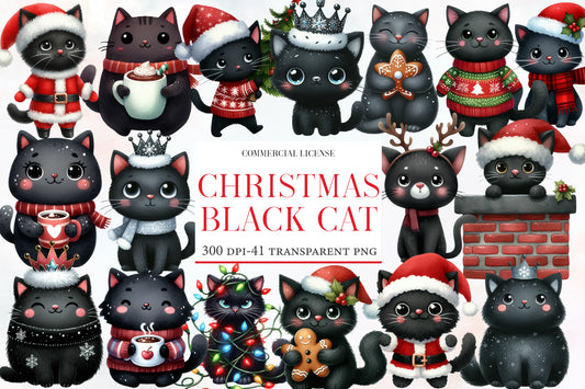 Christmas Black Cat Clipart PNG Bundle | Cute Black Cat Christmas PNG | Black Cat Christmas Sublimation