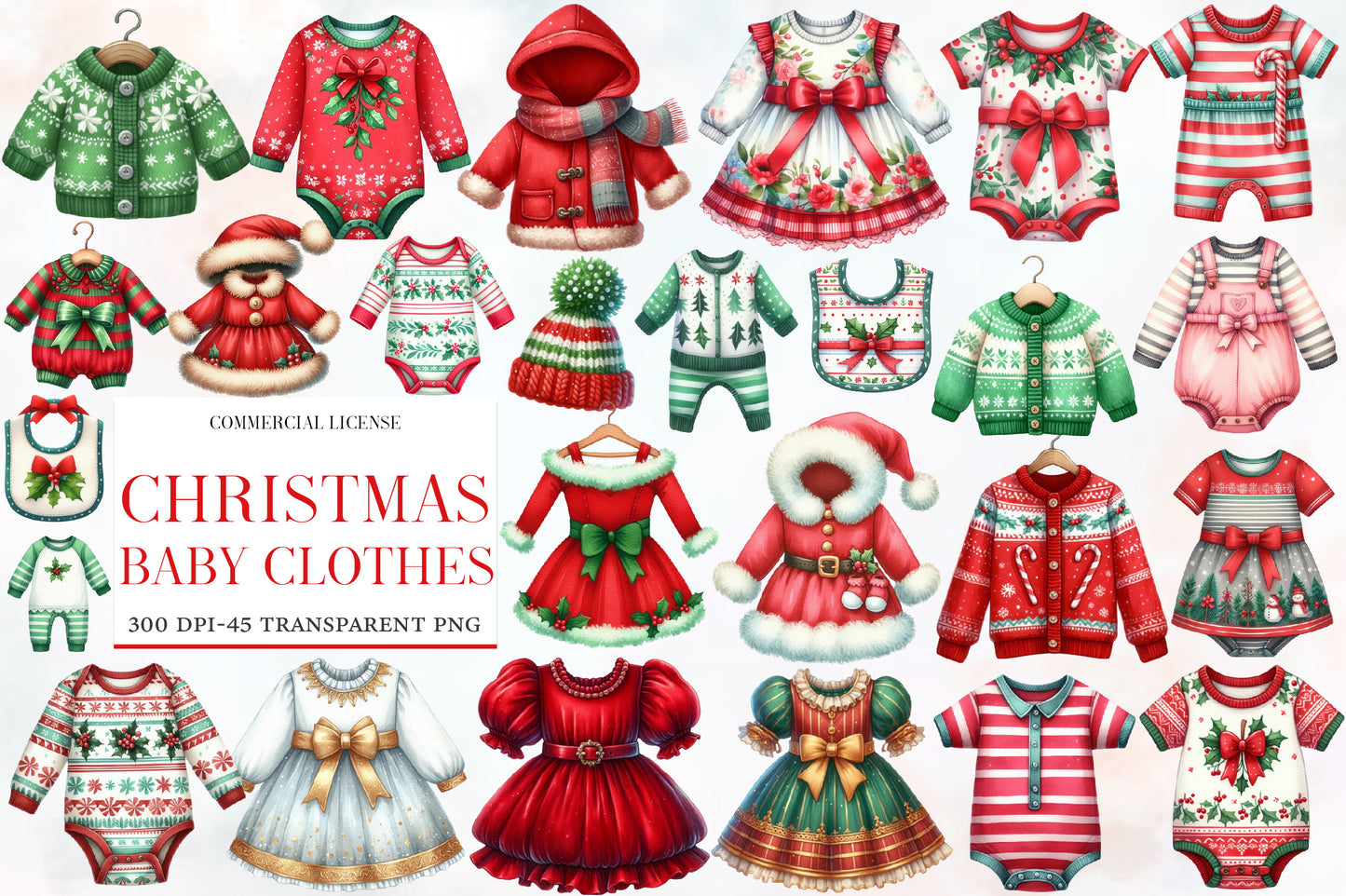 Christmas Baby Clothes Clipart PNG Bundle | Watercolor Cute Baby Outfit Clipart | Holiday Baby Clothing PNG