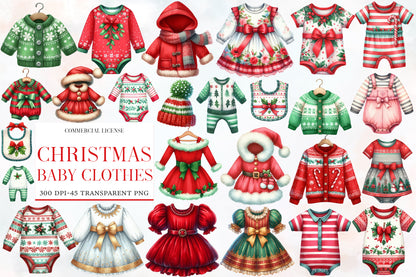 Christmas Baby Clothes Clipart PNG Bundle | Watercolor Cute Baby Outfit Clipart | Holiday Baby Clothing PNG