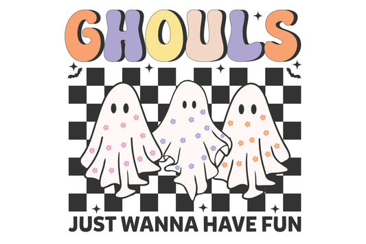 3 Cute Ghosts Halloween PNG Just Wanna Have Fun Checkered Ghost Clipart