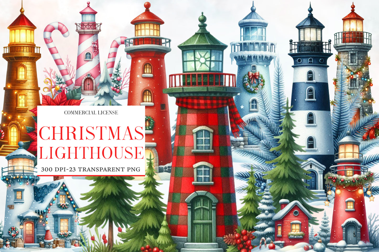 Christmas Lighthouse Clipart PNG Bundle | Watercolor Coastal Christmas Lighthouse Clipart | Nautical Holiday Sublimation PNG