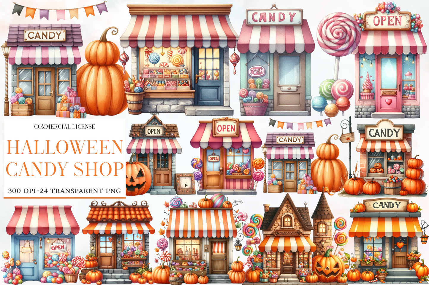 Halloween Candy Shop Clipart PNG Bundle | Cute Candy Store PNG, Halloween Shop Clipart