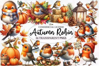 Autumn Robin Clipart PNG Bundle | Watercolor Fall Robin Bird Clipart | Cozy Woodland Robin PNG