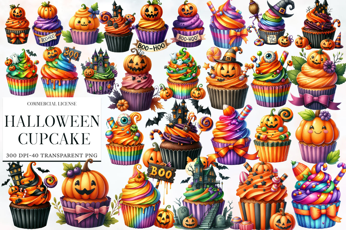 Halloween Cupcake Clipart PNG Bundle | Cute Spooky Cupcakes, Pumpkin Cupcake PNG,