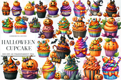 Halloween Cupcake Clipart PNG Bundle | Cute Spooky Cupcakes, Pumpkin Cupcake PNG,
