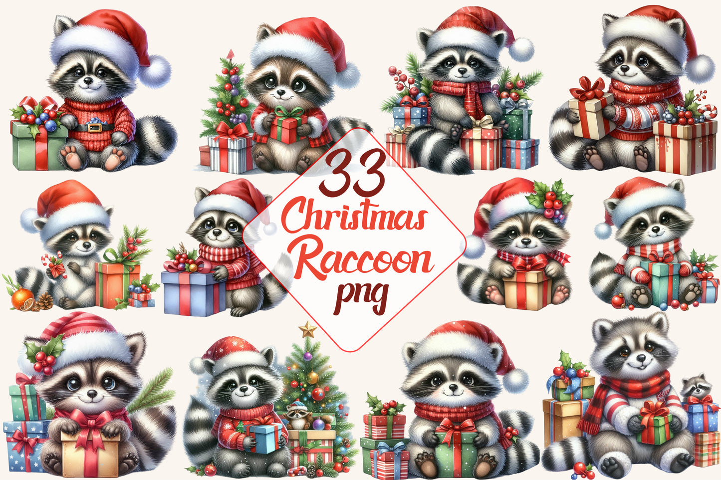 33 Christmas Raccoon PNG Bundle Cute Santa Raccoon Winter Clipart