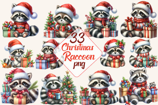 33 Christmas Raccoon PNG Bundle Cute Santa Raccoon Winter Clipart