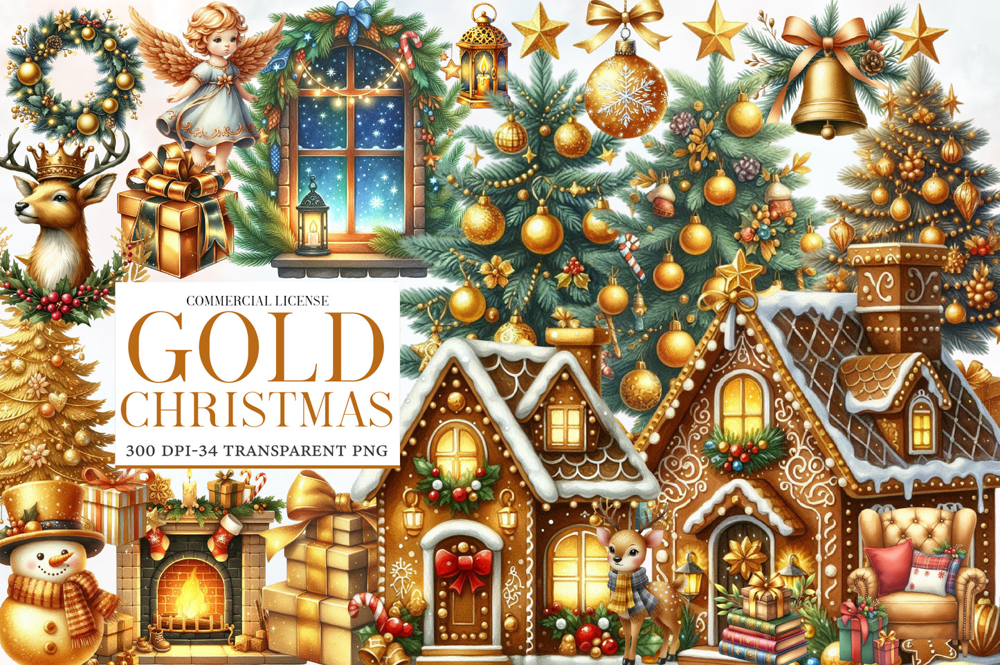 Gold Christmas Watercolor Clipart PNG Bundle | Golden Christmas PNG | Elegant Holiday Sublimation