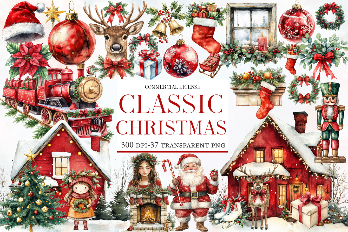 Classic Christmas Clipart PNG Bundle | Santa, Reindeer, Christmas Tree, Ornaments, Train, Nutcracker & Cozy Holiday Decor