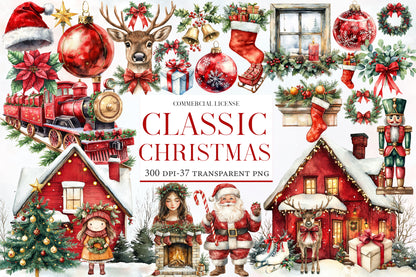 Classic Christmas Clipart PNG Bundle | Santa, Reindeer, Christmas Tree, Ornaments, Train, Nutcracker & Cozy Holiday Decor
