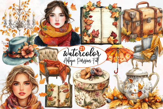 Antique Parisian Fall Clipart PNG Bundle | Vintage Watercolor Paris Autumn Clipart | Elegant French Fall PNG