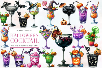 Watercolor Halloween Cocktail Clipart PNG Bundle | Spooky Drinks, Martini, Potion & Pumpkin Cocktails PNG